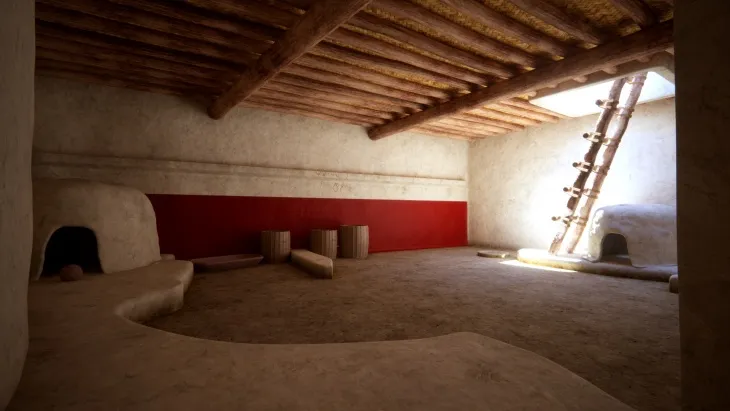 Çatalhöyük ev içi rekonstrüksiyonu, kerpiç duvarlar, ocak ve yukarıdan giriş için kullanılan ahşap merdiven.