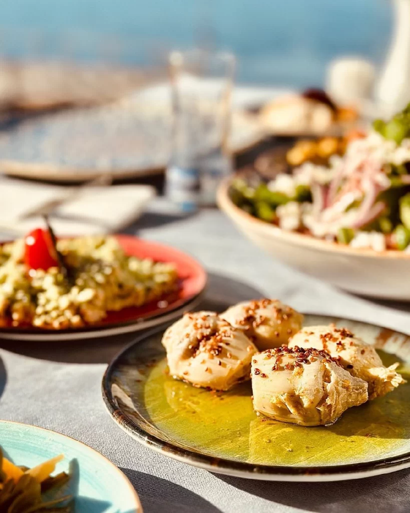 Parlak gün ışığında, açık havada kurulmuş bir masanın üzerinde, zeytinyağlı enginar kalpleri, taze yeşilliklerle dolu bir salata ve kırmızı bir tabağın içinde sunulan püre benzeri bir meze dahil olmak üzere çeşitli iştah açıcı yemekler sergileniyor.