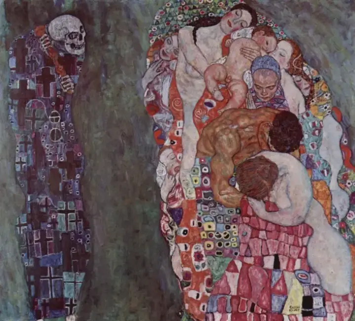 Gustav Klimt’in Death and Life tablosunda yaşamı simgeleyen figürler ve ölüm temsili.