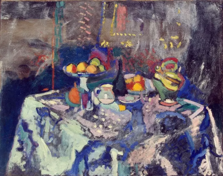 Matisse’in zengin renk paletiyle oluşturduğu sofra kompozisyonu; meyve dolu bir masa