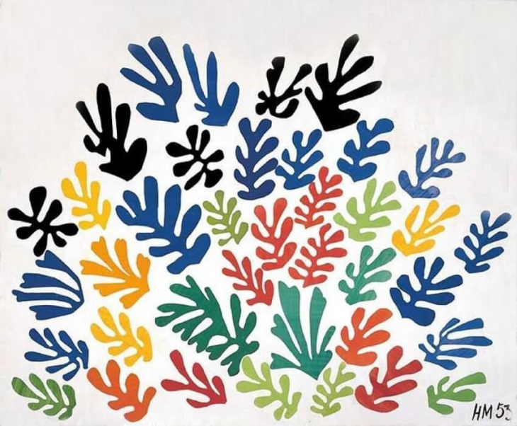 Matisse’in 'cut-out' dönemine ait ikonik kâğıt kolaj çalışması; farklı renklerde bitki formu benzeri şekiller