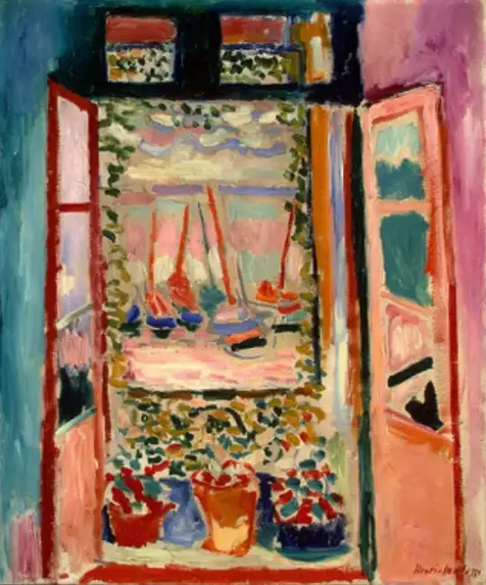 Açık pencereden görünen yelkenlileri ve iç mekânı resmeden canlı renkli bir Matisse tablosu