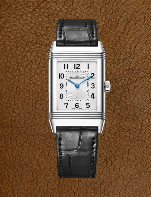 Jaeger-LeCoultre Reverso modeli, dikdörtgen kasa ve siyah deri kayışlı klasik mekanik saat