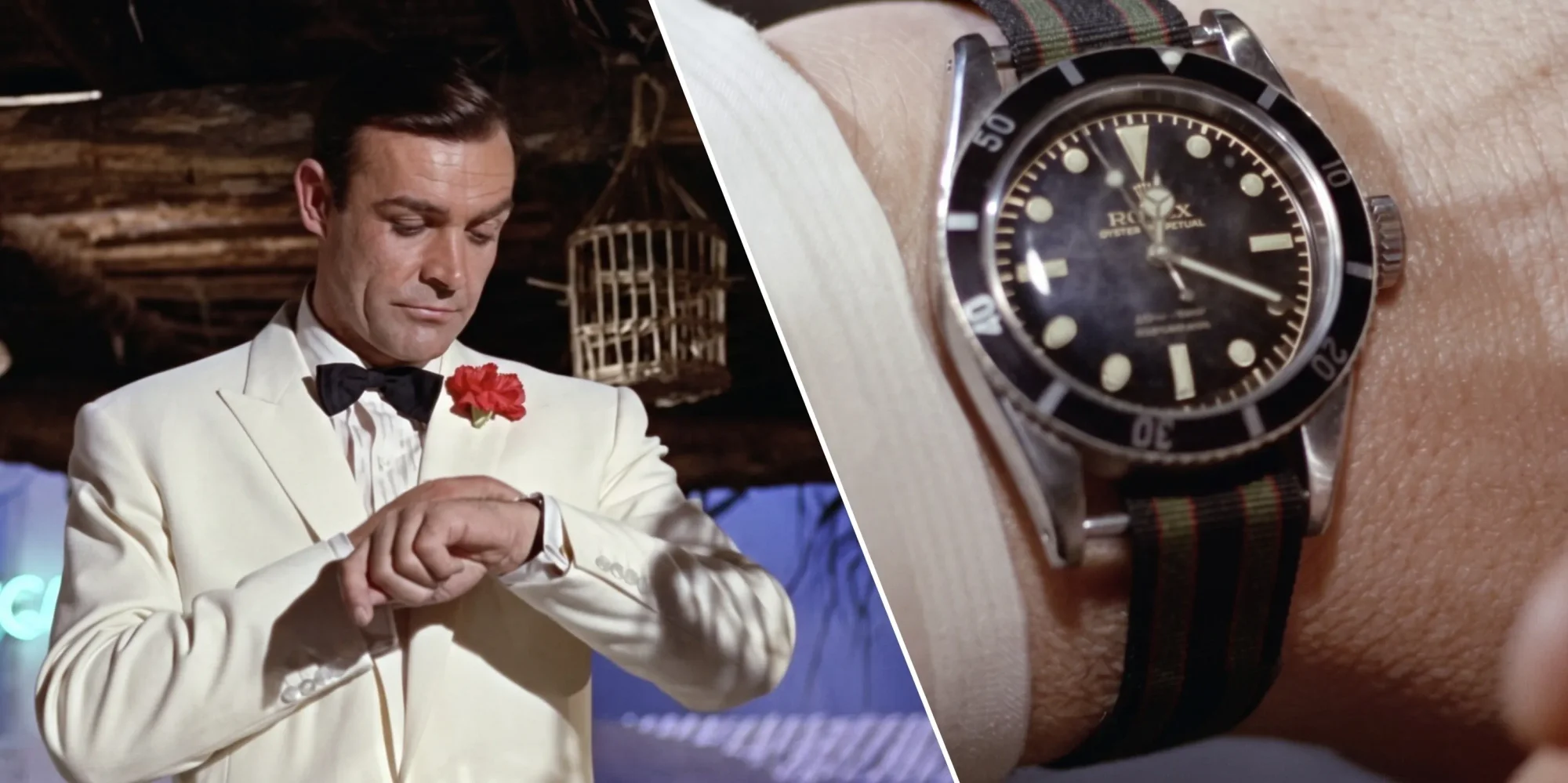 Bir erkeğin bileğinde takılı, ikonik Rolex Submariner model bir saat yakın çekim gösteriliyor; bu model genellikle James Bond filmleriyle ilişkilendirilen klasik ve zamansız bir aksesuar olarak öne çıkıyor.