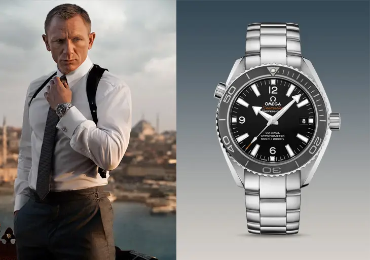 Bir çatıda İstanbul siluetine karşı dururken kolundaki saatiyle kravatını düzelten James Bond karakteri Daniel Craig'in görüntüsü ile birlikte, serinin vazgeçilmez saatlerinden biri olan gümüş renkli Omega Seamaster Planet Ocean modelinin yakından çekilmiş detaylı bir fotoğrafı sunuluyor.