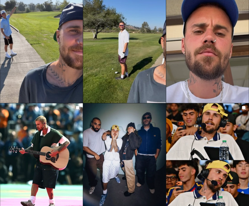 Justin Bieber'ın golf oynarken çekilen rahat anlarından, akustik gitarıyla sahnede performans sergilediği kareye, arkadaşlarıyla samimi pozlarından ve bir etkinlikte kulaklıkla odaklandığı görünüme dek uzanan bu kolaj, sanatçının Instagram hesabı içeriğinin zenginliğini ve çeşitliliğini yansıtıyor.