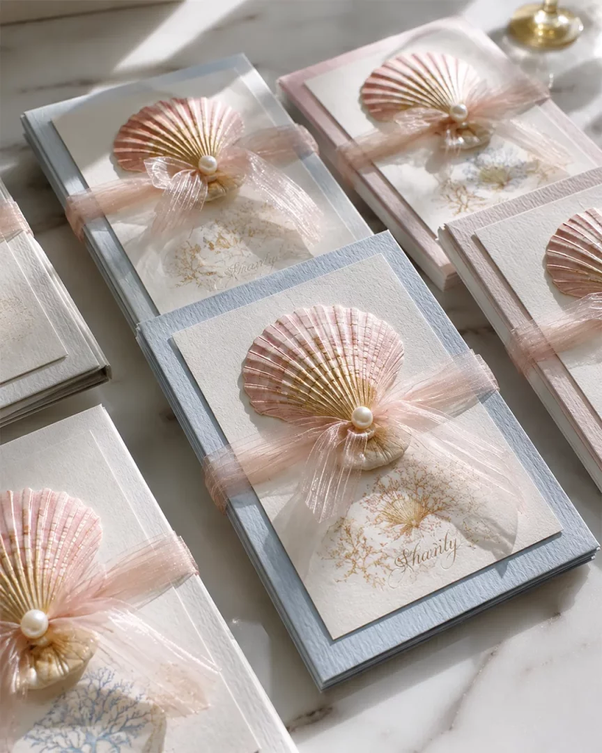 Açık mavi ve pembe renkli kartonların üzerinde pembe deniz kabukları, inci ve şeffaf kurdelelerle zarifçe süslenmiş, kumsal temalı düğün davetiyeleri düzenli bir şekilde üst üste dizilidir.