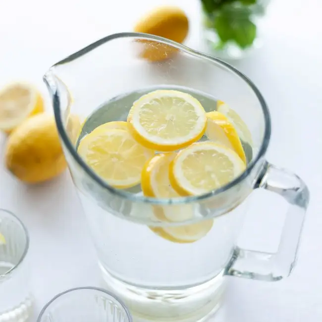 içinde limon dilimleri ve su olan sürahi