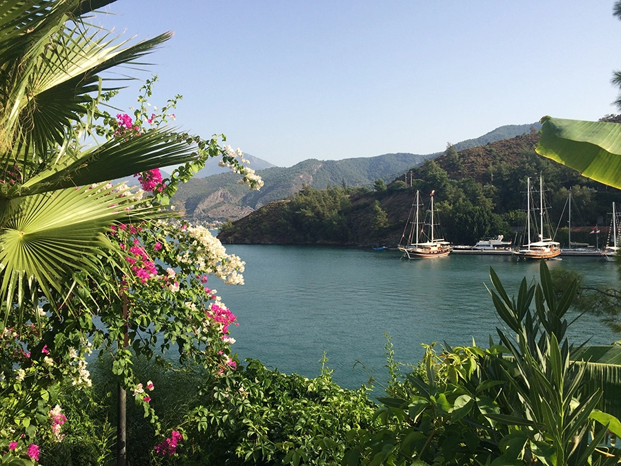 Ön planda yemyeşil palmiye yaprakları ve renkli begonvil çiçekleriyle çevrili, Marmaris'in berrak turkuaz sularında ahşap yelkenlilerin ve bir yatın demirli olduğu, ardında yeşil tepelerin yükseldiği huzurlu bir koy manzarası.