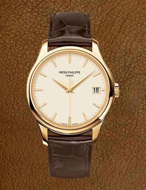 Patek Philippe Calatrava 5227R-001 modeli, altın kasa ve kahverengi deri kayışlı klasik mekanik saat