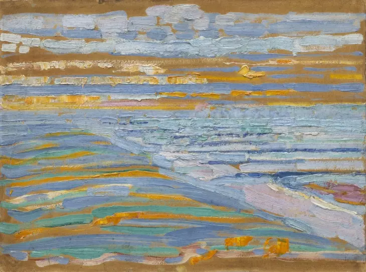 Piet Mondrian'ın erken dönem soyut manzara resmi, mavi ve turuncu tonlarında yatay şeritler halinde bir deniz ve gökyüzü tasviri.