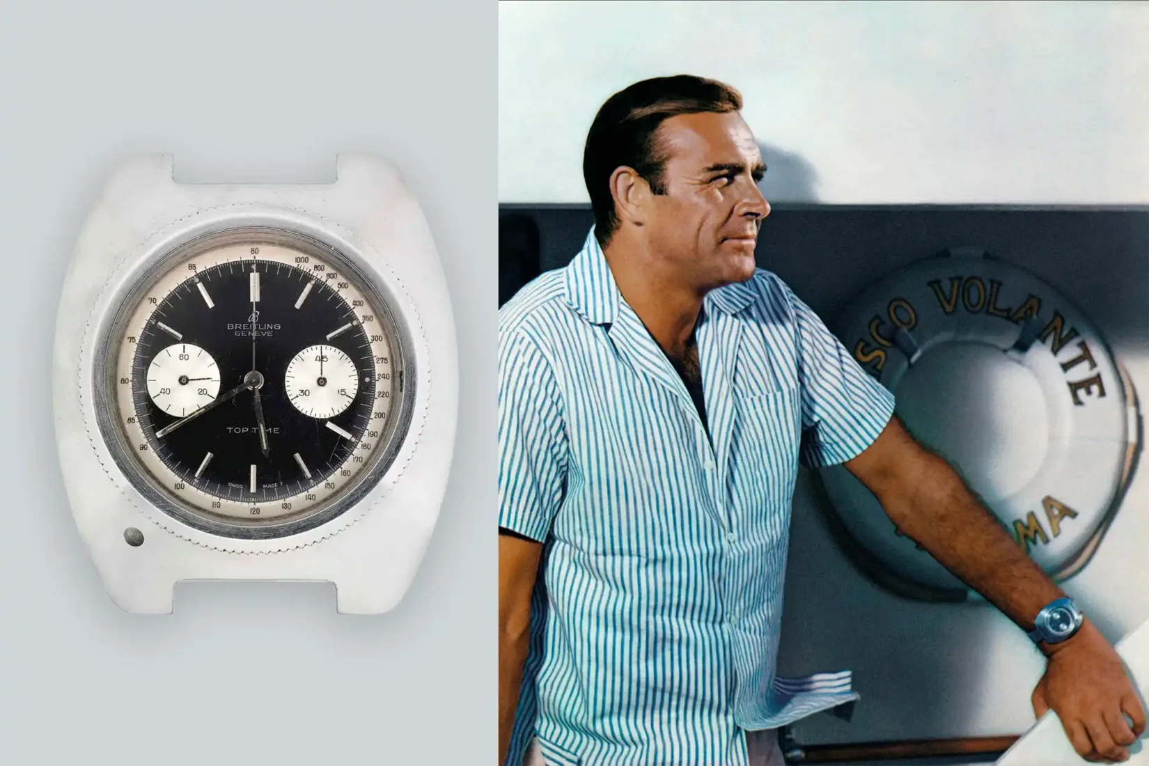 James Bond'un Thunderball filminde kullandığı ikonik Breitling Top Time Ref. 2002 modelinin yakın çekim görüntüsü, gümüş rengi ana kadranı, kontrast oluşturan siyah kronograf alt kadranları ve siyah deri kayışıyla dikkat çeken zarif bir vintage kronograf saati sunuyor.