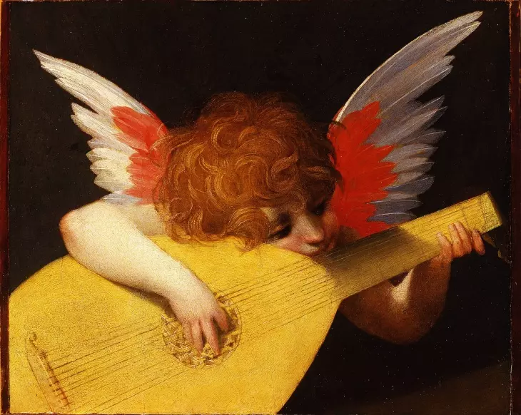 Uffizi Galerisi'ndeki Rosso Fiorentino'nun Angelo Musicante tablosu. Lavta çalan, dinamik ve zarif pozda bir melek figürü. Mannerist sanatın dengesiz kompozisyonu, canlı renkleri ve ışık oyunlarıyla dikkat çeken eser.