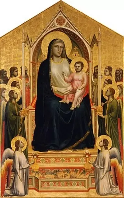 Uffizi Galerisi'ndeki Giotto'nun Maestà di Ognissanti tablosu. Tahtında oturan Meryem Ana ve Çocuk İsa, melekler ve azizlerle çevrili. Erken Rönesans'ın figürlere kattığı hacim ve gerçekçilikle Orta Çağ sanatından ayrılan ikonik eser.