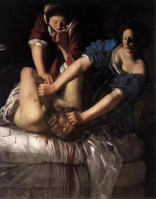 Uffizi Galerisi'ndeki Artemisia Gentileschi'nin Judith Holofernes'in Kafasını Kesiyor tablosu. Judith ve yardımcısının Holofernes'i vahşice öldürdüğü an tasvir edilmiş. Barok döneminin dramatik ışık ve gölge kullanımı (chiaroscuro) ile kadın gücünü ve cesaretini yansıtan ikonik eser.