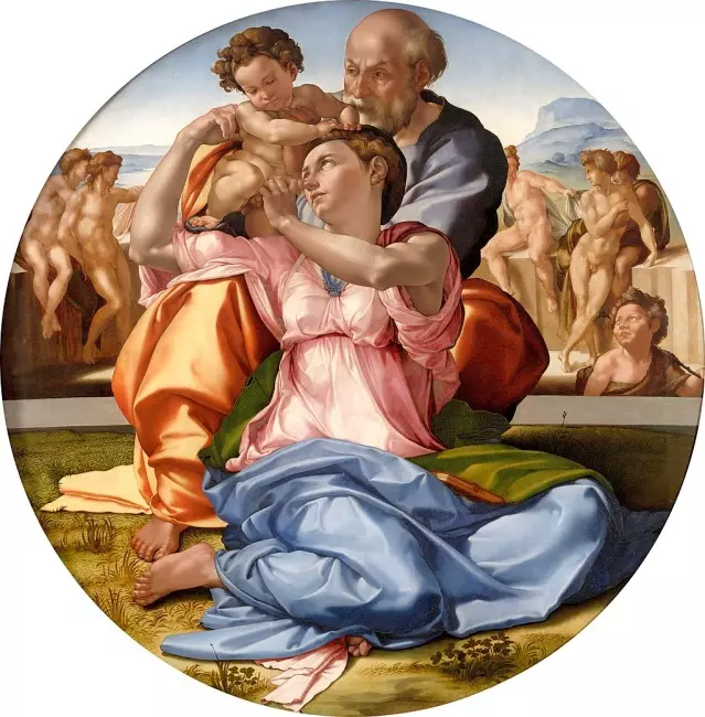 Uffizi Müzesi'ndeki Michelangelo'nun Tondo Doni tablosu. Dairesel kompozisyonda Kutsal Aile (Meryem, İsa ve Aziz Yusuf) dinamik pozlarda tasvir edilmiş. Arka planda çıplak erkek figürleri ve yeşil tonlar. Rönesans heykelvari figürleri ve canlı renkleriyle dikkat çeken eser.