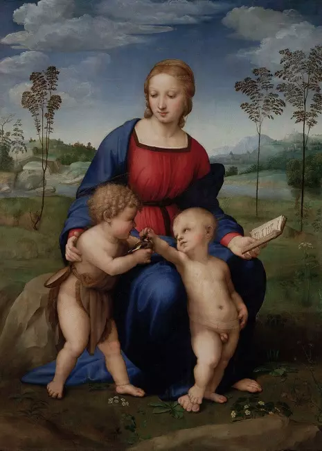 Uffizi Galerisi'ndeki Raffaello'nun Madonna del Cardellino tablosu. Meryem Ana, Çocuk İsa ve Vaftizci Yahya bir bahçe ortamında tasvir edilmiş. Çocuk İsa ve Yahya, bir saka kuşunu inceliyor. Yüksek Rönesans'ın ideal güzelliği, sıcak renkler ve üçgen kompozisyon.
