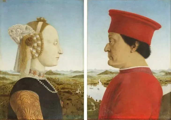 Uffizi Galerisi'ndeki Piero della Francesca'nın Urbino Dükü Federico da Montefeltro ve eşi Battista Sforza'nın portreleri. Detaylı profilden tasvir edilen dük ve düşes, matematiksel perspektife sahip manzaralı arka planla. Erken Rönesans'ın bilimsel ve sanatsal mükemmeliyeti.