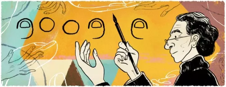 Abidin Dino'nun Google Doodle illüstrasyonunda, gözlüklü sanatçı elinde bir kalemle yaratıcı bir poz verirken, arka planda Google kelimesi, çeşitli figüratif eller ve sarı, turkuaz, kahverengi tonlarda soyut şekiller onun eserlerini ve sanatsal kişiliğini vurguluyor.