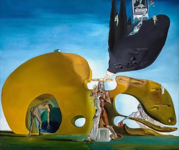 Salvador Dalí'nin Sıvı Arzuların Doğuşu adlı sürrealist tablosu, ortasında çarmıha gerilmiş gibi duran bir figürün etrafında, sarı ve organik şekilli soyut yapılar, koyu renkli bir elden damlayan sıvılar ve içinde bükülmüş çıplak bedenlerin ve sıvı döken bir figürün yer aldığı düşsel bir manzarayı betimliyor.