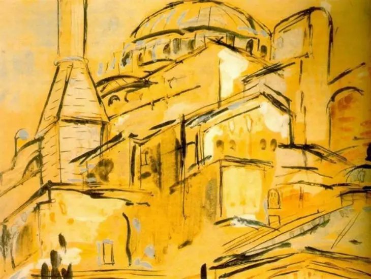Fikret Mualla'nın Ayasofya'yı farklı bir perspektifle yorumladığı bir çizim. Yapının sadece bir bölümü, dağ gibi heybetli bir şekilde sarı tonlarda resmedilmiş. Çizgisel ve dışavurumcu bir tarz hakim.