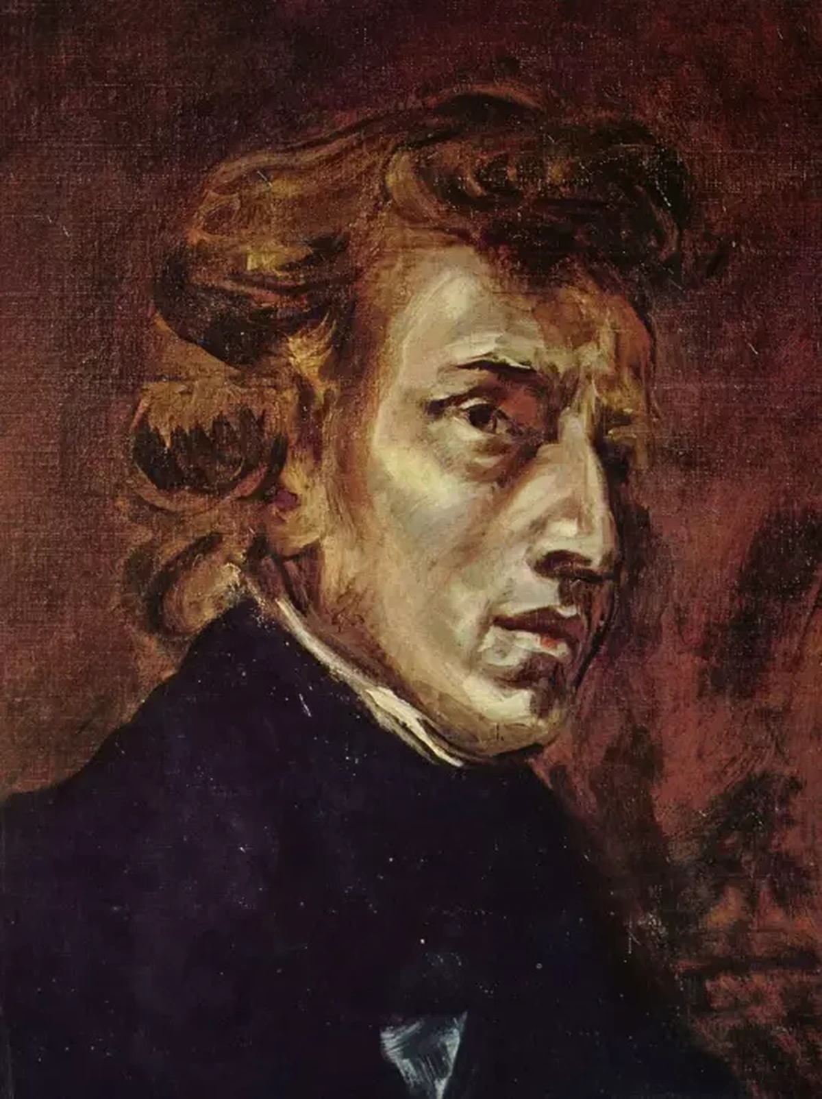 Eugène Delacroix'nın yaptığı, koyu renkli bir fon önünde, saçları dağınık, düşünceli bir ifadeyle sağa doğru hafifçe bakan, koyu renk ceket giyen genç müzisyen Frédéric Chopin yağlıboya portresi.