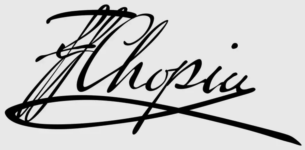 Romantik dönemin önde gelen bestecilerinden Chopin'in hayatı ve sanatına dair derinlemesine bir bakış sunan bu yazıda, sanatçının karakteristik el yazısıyla atılmış, zarif ve kıvrımlı imzası açık gri bir arka plan üzerinde dikkat çekici siyah harflerle sergileniyor.