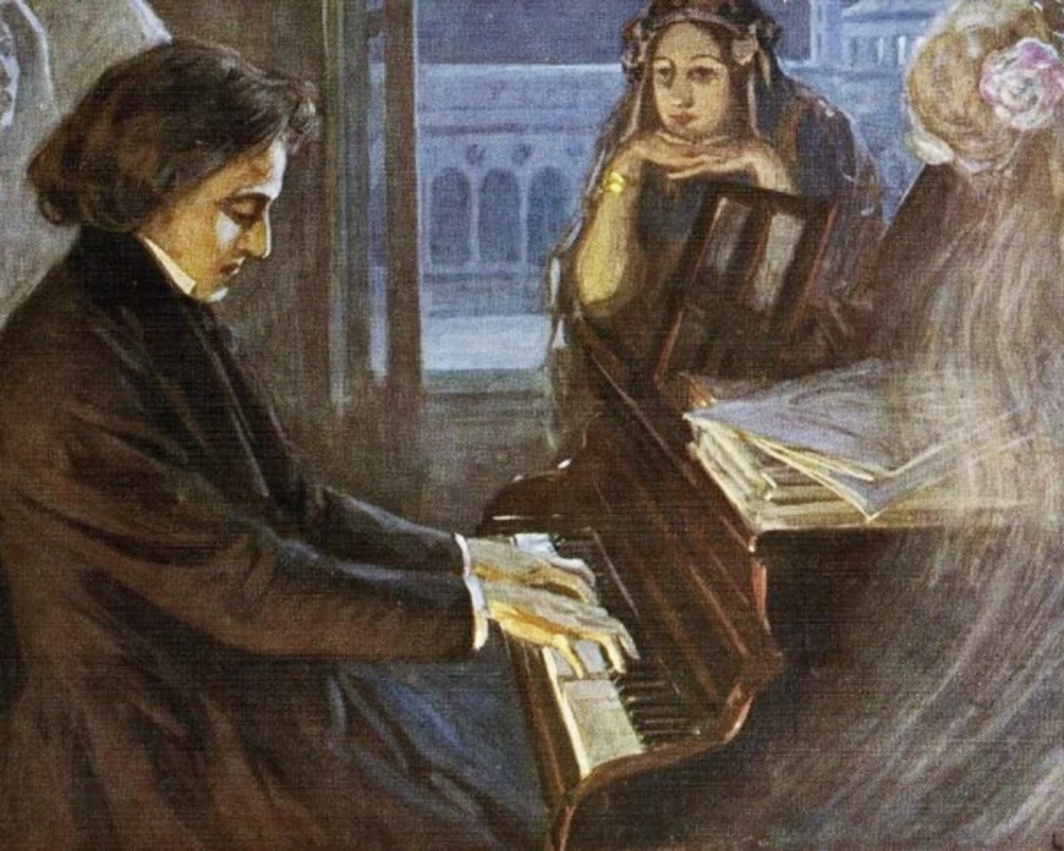 Loş ışıklı bir odada, başını hafifçe eğmiş, odaklanmış bir ifadeyle piyano tuşlarına basan ve notaları çalan genç besteci Frederic Chopin, arka planda çenesini elleriyle destekleyerek onu dikkatle izleyen bir kadının betimlendiği bir yağlı boya tablo.