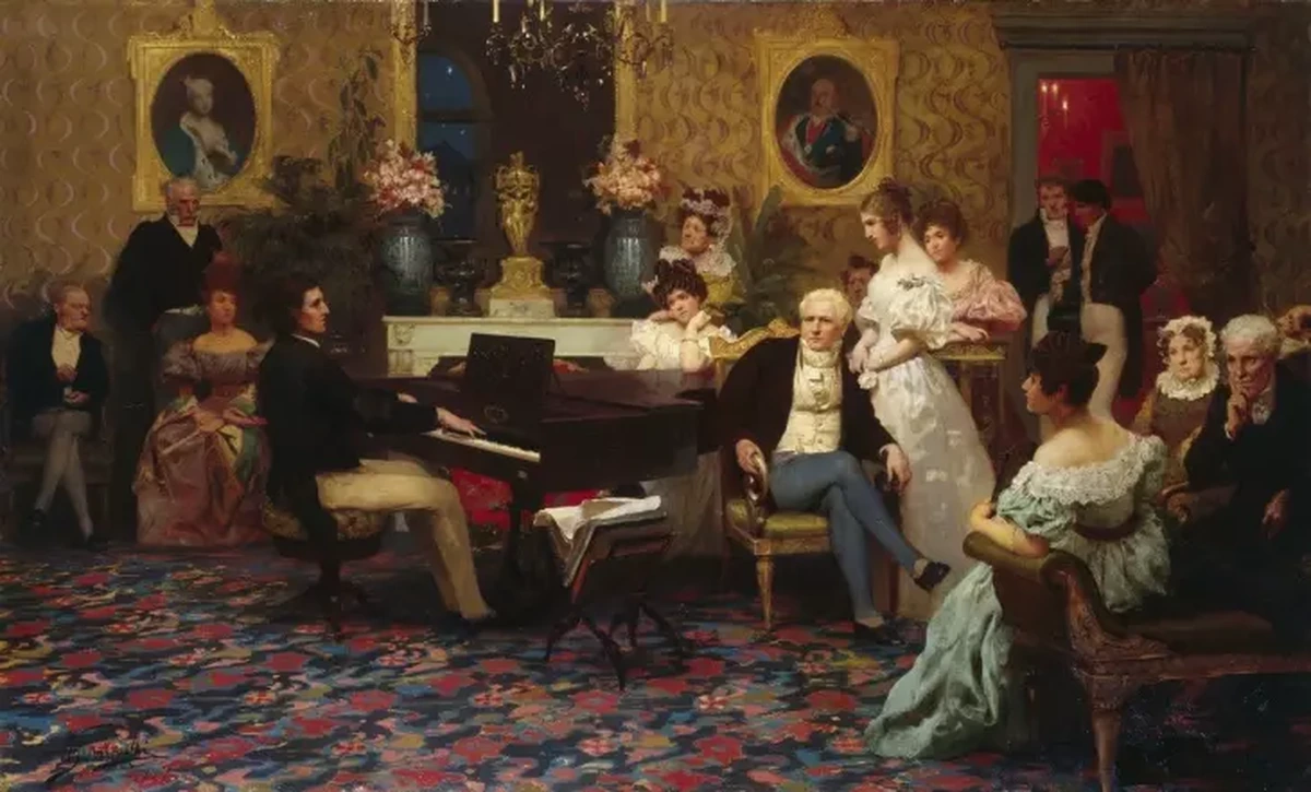 Frédéric Chopin dönemin zengin detaylarını yansıtan şık bir salonda kuyruklu piyano başında müzik icra ettiği, etrafındaki davetlilerin dikkatle onu dinlediği ve 19. yüzyılın özel salon konseri deneyimini canlandıran etkileyici bir tablo.