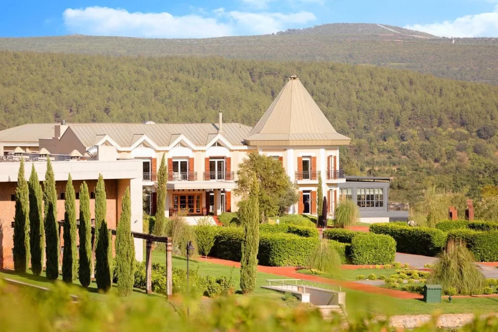 Hotel Caeli’nin Gelibolu’da bağların arasında yer alan taş mimarili dış cephesi ve geniş peyzajlı bahçesi