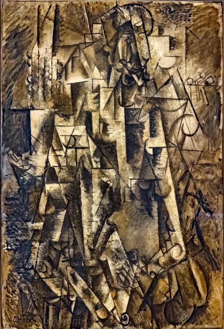 Picasso'nun kahverengi ve bej tonlarında, geometrik şekillerle parçalanmış ve soyutlanmış bir insan figürünü gösteren, Analitik Kübizm döneminin belirgin özelliklerini taşıyan Şair adlı tablosu, belirsiz yüz hatları ve bir pipoyu andıran detaylarla zenginleştirilmiştir.