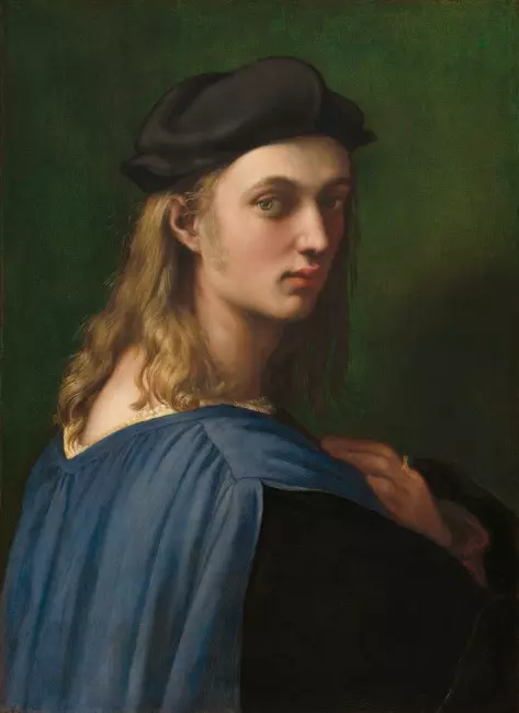 Raffaello Sanzio da Urbino'nun eserleri arasında öne çıkan bu yağlı boya portrede, koyu yeşil fonun önünde, uzun dalgalı kumral saçları, siyah beresi, mavi pelerini ve sağ elindeki yüzüğüyle izleyiciye dönük genç bir erkek betimleniyor.