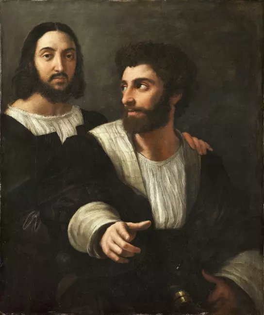 Raffaello Sanzio'nun eserleri bağlamında, koyu giysili ve beyaz pilili gömlekli iki sakallı adamın yer aldığı, sağdaki adamın işaret ederek yana baktığı, soldaki uzun saçlı adamın doğrudan izleyiciye baktığı bu yağlıboya portre, sanatçının hayatına dair bir ipucu sunuyor olabilir.