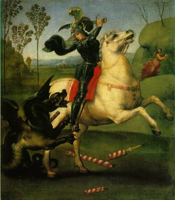 Raffaello Sanzio da Urbino'nun eserlerinden biri olan bu tabloda, şaha kalkmış beyaz atının üzerinde zırhlı bir şövalye kılıcını siyah kanatlı ejderhaya indirirken görülüyor; yeşil tepelerin ve ağaçların oluşturduğu arka planda ise sağ tarafta diz çökmüş, endişeli görünen bir kadın dua eder vaziyette resmedilmiş.