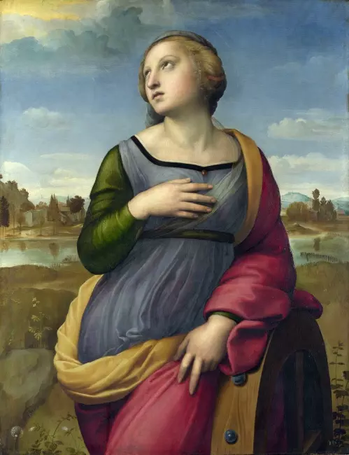 Ortasında duran ve göğe doğru bakan genç bir kadını tasvir eden bu Rönesans dönemi yağlıboya tablo, Raffaello Sanzio'nun ünlü eserleri arasında yer alıyor; kadın mor elbisesi, yeşil kolları ve kırmızı peleriniyle, sağ elini bir tekerleğe dayamış, sol elini göğsüne götürmüş halde, bulutlu bir gökyüzü ve uzak binaların görüldüğü yeşil bir peyzaj önünde duruyor.