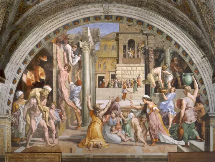 Bu freskoda, Raffaello Sanzio da Urbino'nun önemli eserlerinden biri olan, sol tarafta yanan bir binadan kaçan ve yaralıları taşıyan kaslı figürlerin, sağ tarafta ise panik içindeki kadınların ve çocukların su kaplarıyla koşuşturduğu, arka planda ise klasik mimarili binalar ve bir piskopos figürünün halkı kutsadığı detaylı ve dramatik bir sahne betimlenmiştir.