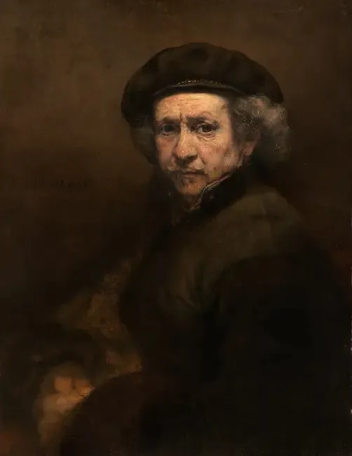 Koyu kahverengi bir fon önünde, yaşlı ve kırışık yüzlü, beyaz saçları olan, koyu renk bir bere takmış bir adamın resmedildiği bu etkileyici portre tablosu, Rembrandt'ın karakteristik ışık kullanımıyla derinlik kazanıyor; adamın doğrudan bakışı ve belirgin yüz hatları dikkat çekiyor.