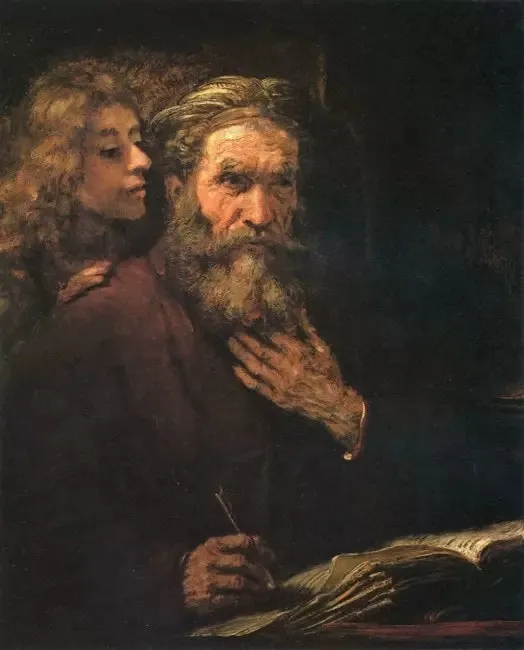 Koyu renklerin hakim olduğu bu Rembrandt tablosunda, sol omzunun arkasından kendisine eğilerek bir şeyler fısıldayan kıvırcık saçlı genç bir figürün ilhamıyla, düşünceli ve uzun sakallı yaşlı bir adam tüy kalemiyle açık bir kitaba yazmaya hazırlanıyor.