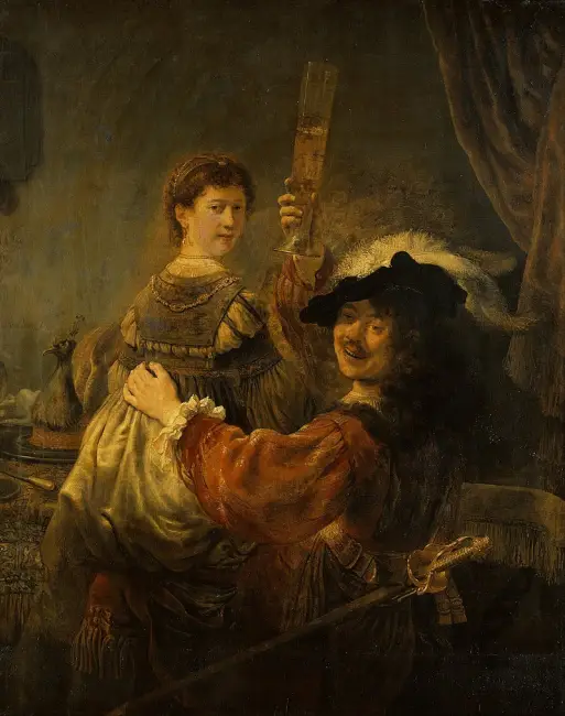 Rembrandt'ın coşkulu bir tablosu; tüylü şapkalı, kadehini neşeyle havaya kaldıran bir adamın sol kolunu yanındaki kadının beline doladığı, kadının ise izleyiciye dönüp hafifçe gülümsediği, ikilinin şenlikli bir anını betimler.