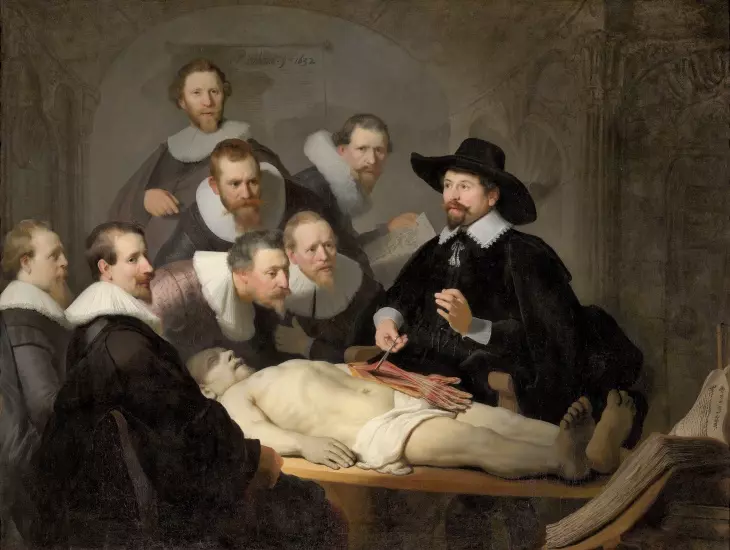 Rembrandt'ın ünlü Dr. Nicolaes Tulp'un Anatomi Dersi tablosu, siyah şapkalı Dr. Tulp'un, bir kadavra kolundaki kasları ve tendonları incelerken, yedi dikkatli gözlemciye ders verdiği dramatik bir sahneyi betimliyor; bu tarihi resim, 17. yüzyıl Hollanda'sında tıp eğitimini ve bilimsel keşif ruhunu yansıtıyor.