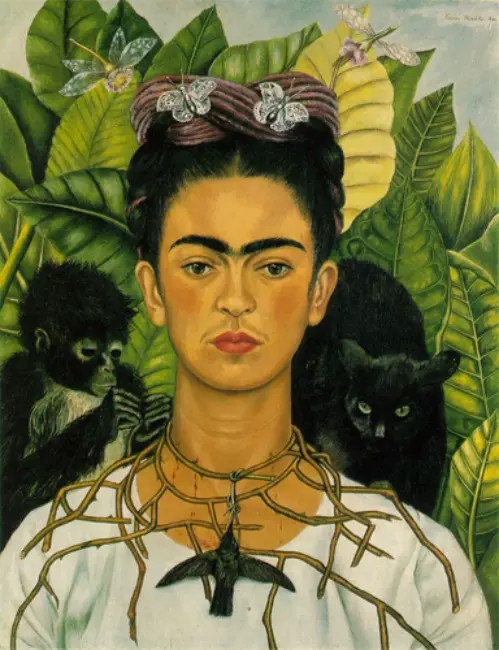Dünyaca ünlü ressam Frida Kahlo'nun karakteristik kalın kaşları ve taç şeklinde örülmüş saçları ile betimlendiği bu otoportrede, sol omzunda küçük bir örümcek maymun, sağ omzunda parlak yeşil gözlü bir kara kedi ve boynunda dikenli dallardan sarkan bir sinekkuşu kolyesi dikkat çekerken, saçında kelebek figürlü tokalar ve arka planda tropikal yeşillikler arasında yusufçuklar yer alıyor.