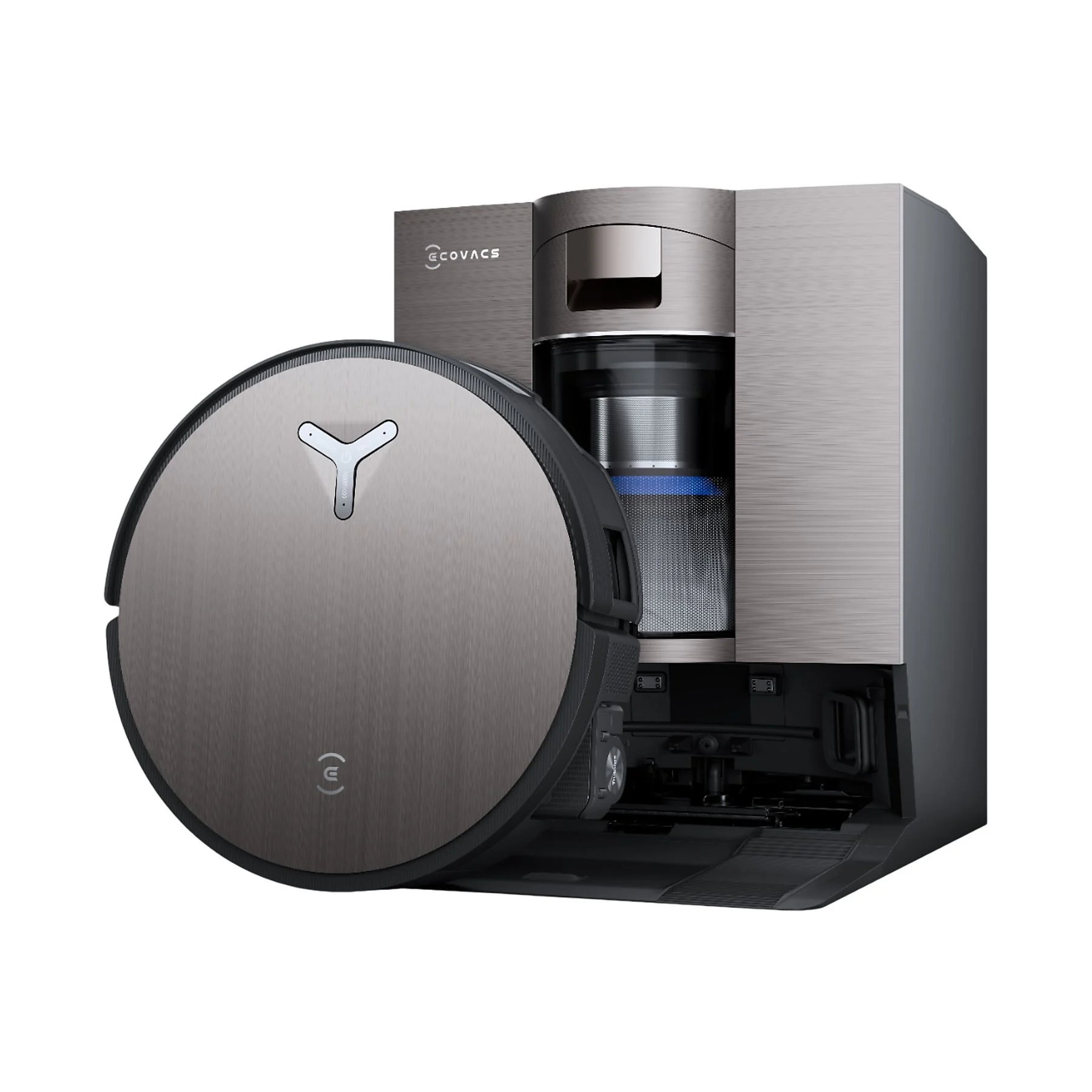 Ecovacs X11 Omni Cyclone robot süpürge ve otomatik boşaltma istasyonu, metalik gri tasarımı ve açık hazne detayıyla beyaz arka plan üzerinde önden görünüm.
