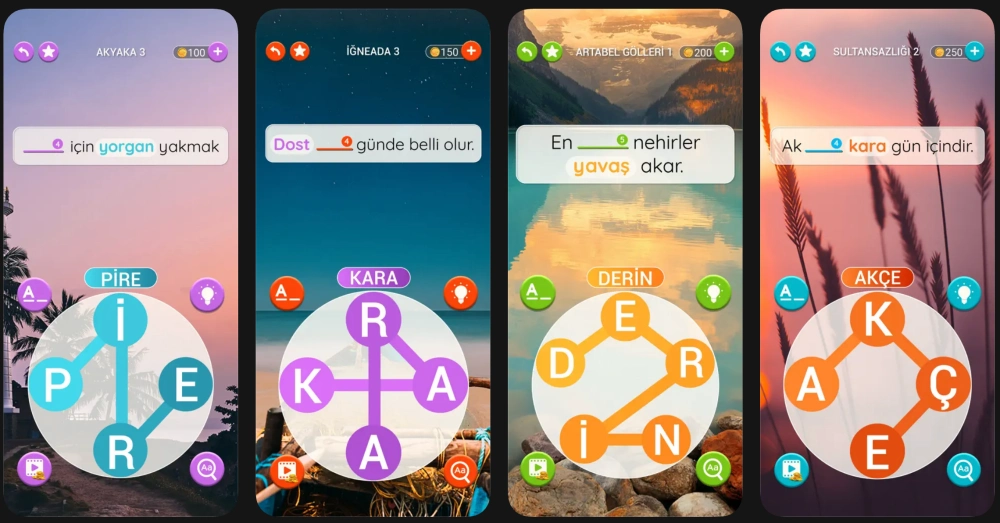 Dört farklı mobil ekran, en iyi kelime oyunları kategorisinden Kelime Gezmece tarzı bir mobil kelime oyununun oynanışını sergiliyor; her bir ekran, deniz feneri, yıldızlı gökyüzü, dağ gölü ve gün batımı otları gibi doğal manzaralı arka planlarda, oyuncuların verilen harfleri birleştirerek kelimeler türettiği ve atasözlerindeki boşlukları doldurduğu ilerleme seviyelerini detaylandırıyor.