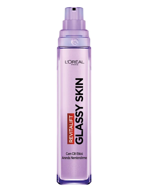L’Oréal Paris Revitalift Glassy Skin cam cilt etkili nemlendirici yüz kremi, mor şişe ambalaj.
