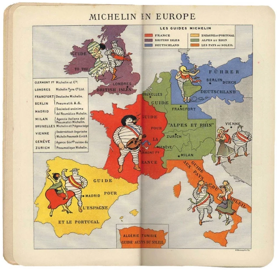 Eski bir Michelin Rehberi sayfasında Avrupa haritası ve Bibendum karakterleri; rehberin Fransa’dan İspanya’ya, Almanya’dan İtalya’ya kadar yayıldığını gösteren illüstrasyon.