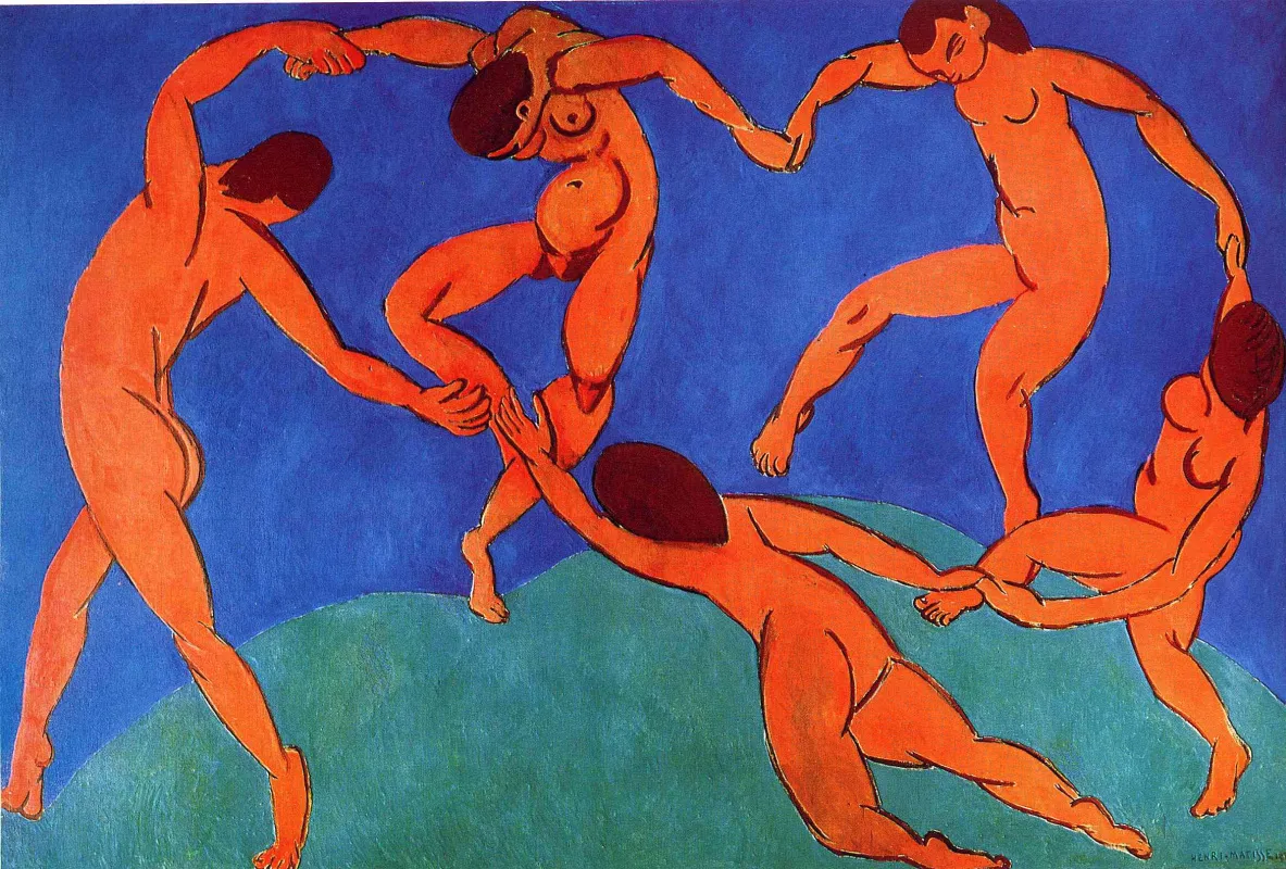 Henri Matisse’in 1909 tarihli ve MoMA’da mutlaka görülmesi gereken eserlerden Dans (I) tablosu, mavi gökyüzü ile yeşil zemin üzerinde el ele tutuşarak dairesel bir ritimle dans eden, canlı turuncu renkte stilize beş çıplak figürüyle modern sanatın enerjisini ve özgürleşme ruhunu güçlü çizgilerle ifade ediyor.