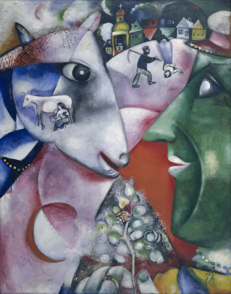 MoMA'da mutlaka görülmesi gereken eserlerden Marc Chagall'ın I and the Village tablosu, rüya gibi bir kompozisyonda birbirine bakan büyük bir yeşil yüz ve beyaz bir keçi başını, içlerinde süt sağan kadın ve oraklı bir adam figürlerini, masalsı köy evlerini ve bir hilali parlak renklerle soyut ve sürrealist bir biçimde betimler.