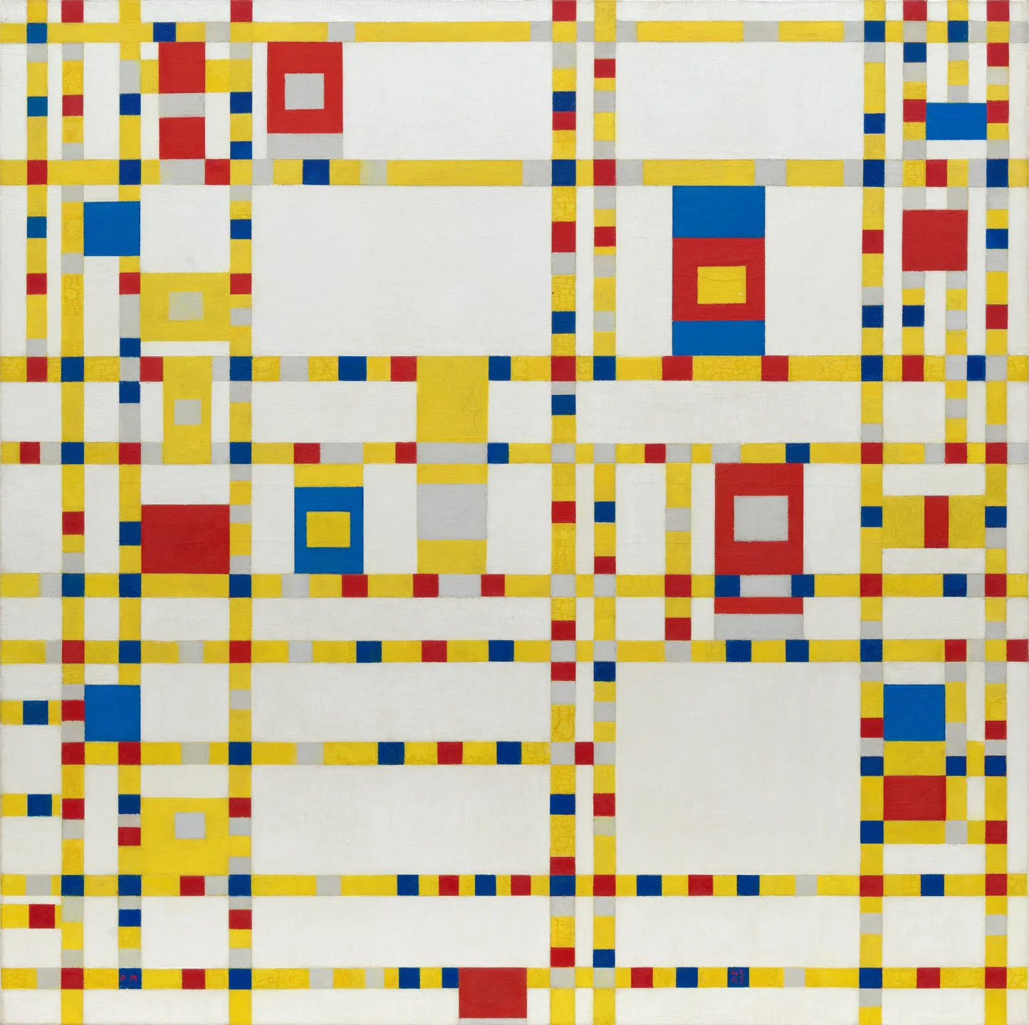 Piet Mondrian'ın MoMA'da mutlaka görülmesi gereken eserlerinden Broadway Boogie Woogie, beyaz zemin üzerinde sarı, kırmızı ve mavi bloklarla örülü canlı bir geometrik ızgara ile New York'un dinamik ritmini ve caz kültürünü soyut bir dille ifade eder.