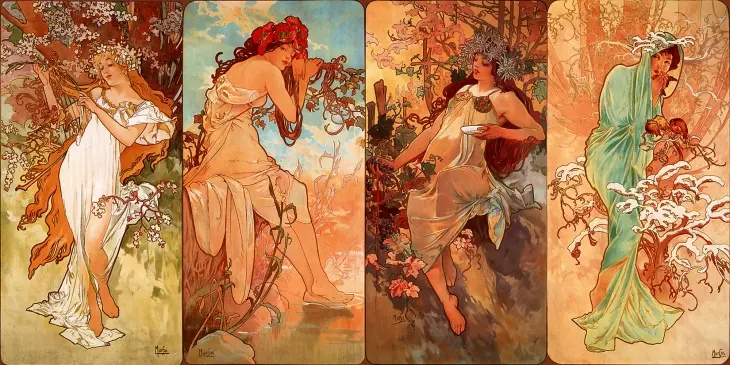 Alphonse Mucha’nın 1896 tarihli “The Seasons” dizisi, dört mevsimi zarif kadın figürleriyle temsil eden Art Nouveau başyapıtı.