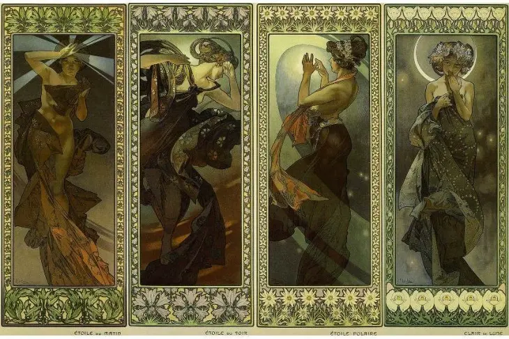 Alphonse Mucha'nın 1902 tarihli “The Moon and the Stars” serisi, Ay ve yıldız figürleriyle doğayı ve evreni sembolik olarak betimleyen kadın portreleri.